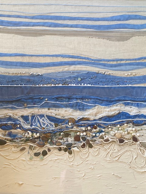 Beach Walk - Multi media textile in blue and cream hues.